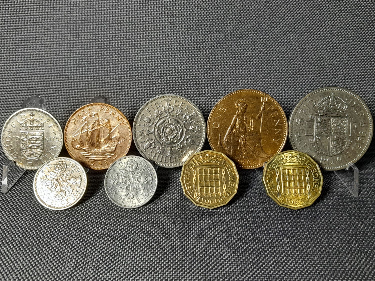 Münzen Set England 1955 1956 1959 1960 1961 1963 1965 1/2 1 2 3 6 Penny Pence Shillings Crown Erhaltung!