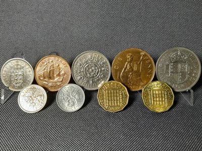 Münzen Set England 1955 1956 1959 1960 1961 1963 1965 1/2 1 2 3 6 Penny Pence Shillings Crown Erhaltung!!!