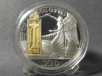 Silbermünze Andorra 1995 50 Diners Olympiade 1996 Engel Feuer Inlay Gilded PP Proof Selten 5 Oz Unze