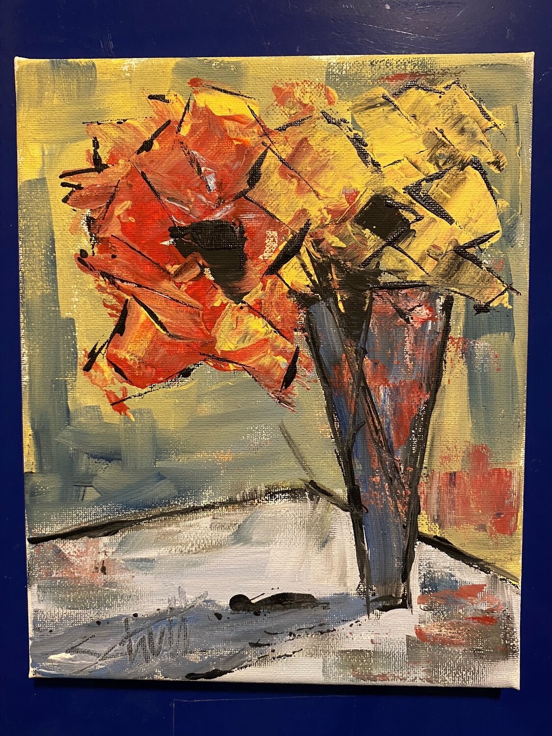 JERBEARS RED &amp; YELLOW FLOWER IN BLUE VASE NO7 PAINTING