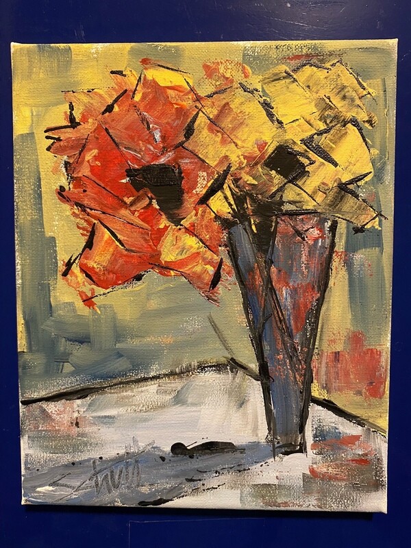 JERBEARS RED &amp; YELLOW FLOWER IN BLUE VASE NO7 PAINTING