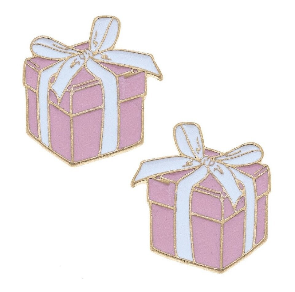 Enamel Present Stud Earrings in Pink & White