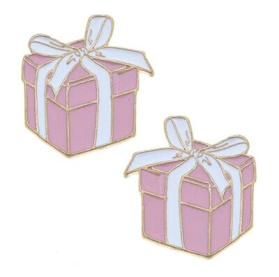 Enamel Present Stud Earrings in Pink & White