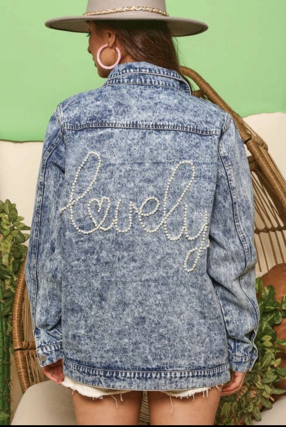 Washed Denim Jacket with "Lovely Pearl Lettering on the Back