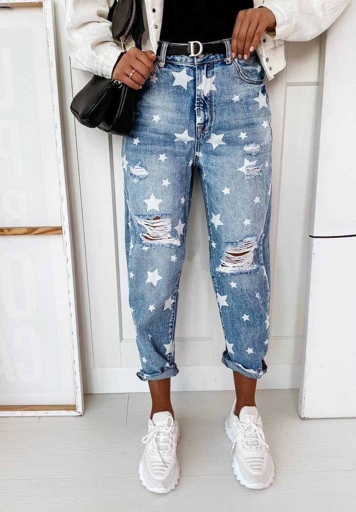 Printed washed ripped holes skinny jeans female