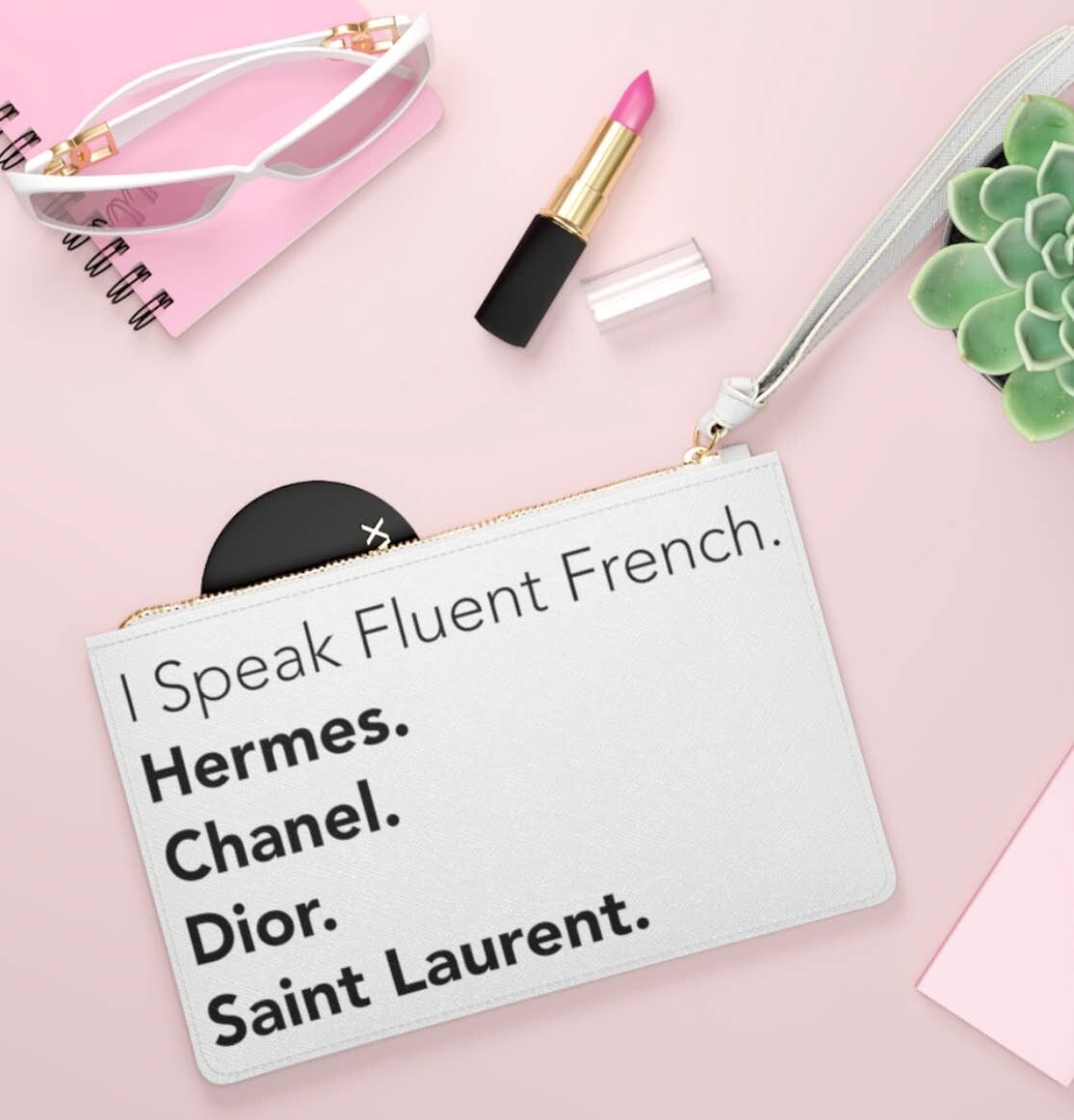 white I speak fluent french clutch