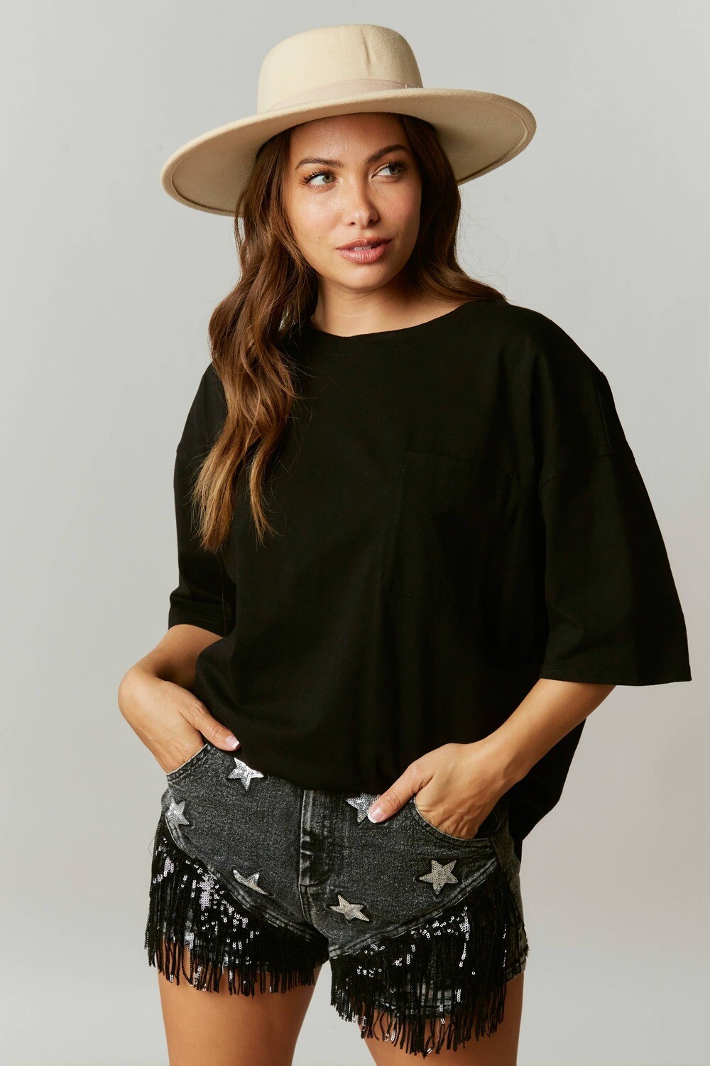 Fringed Sequin Star Patch Denim Shorts