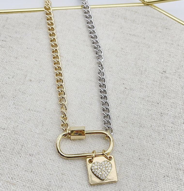 Two tone crystal Heart clip necklace
