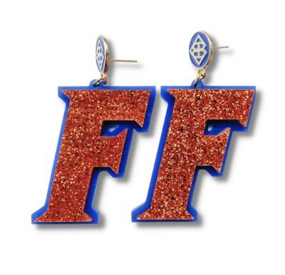 FLORIDA - OR - ANGE GLITTER
F LOGO EARRINGS OVER
ORANGE WITH BLUE LOGO
TOP