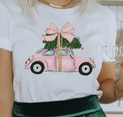 Christmas Car Pink Christmas Graphic Tee