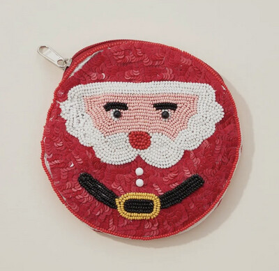 Santa Seed Bead Round Canvas Pouch