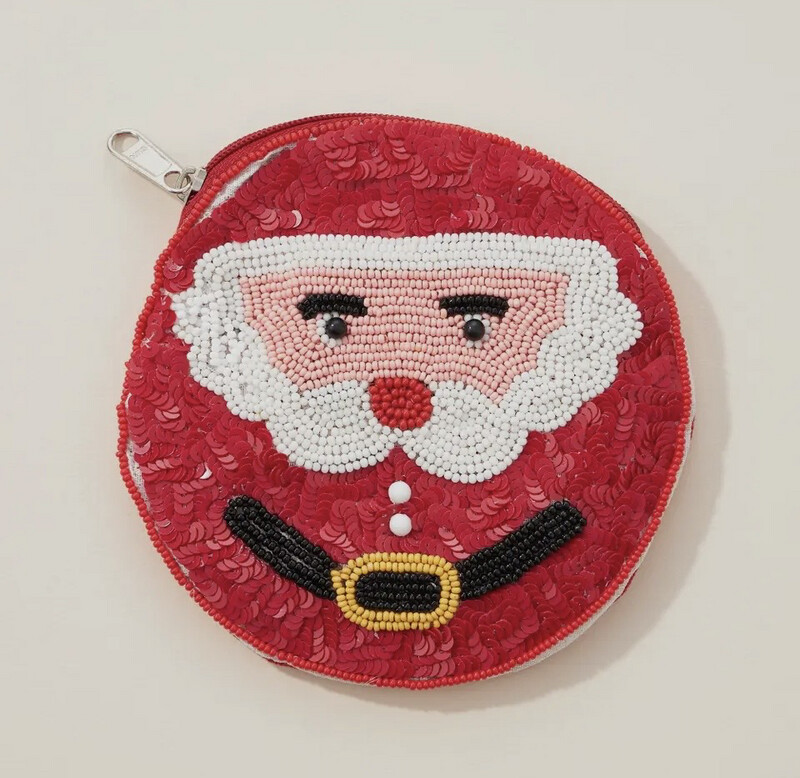 Santa Seed Bead Round Canvas Pouch