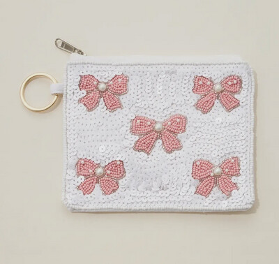 Pink Bow Seed Bead Canvas Pouch