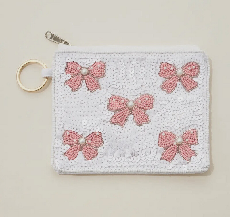 Pink Bow Seed Bead Canvas Pouch