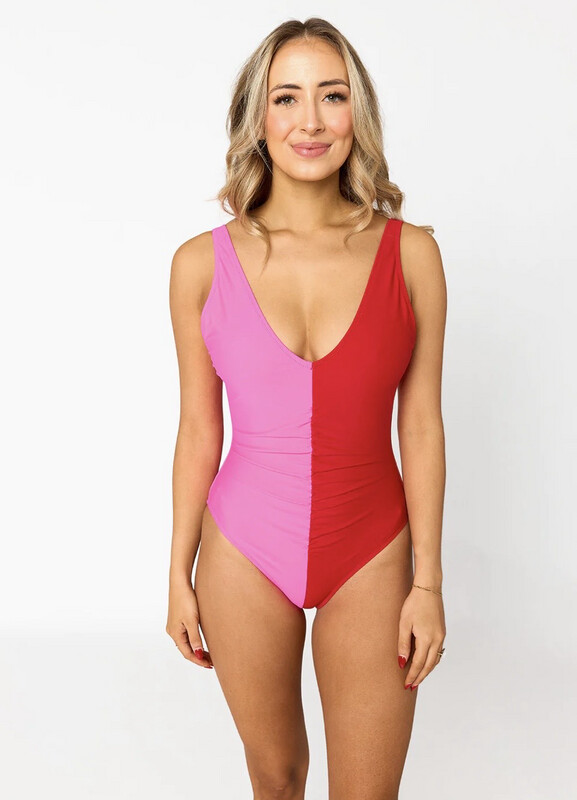 HOT PINK/RED COLOR BLOCK ONE-PIECE SWIMSUIT