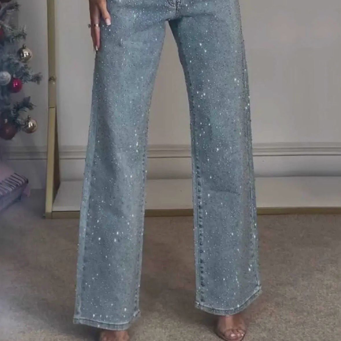 Light Wash Rhinestone Button Pocket Straight Denim Pants
