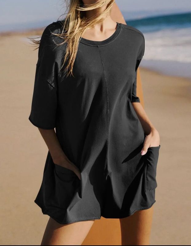 Black Solid Color Short Sleeves Romper