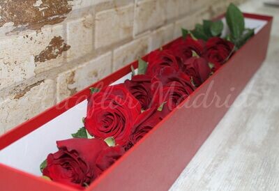 Arreglo de 12 rosas rojas en caja.