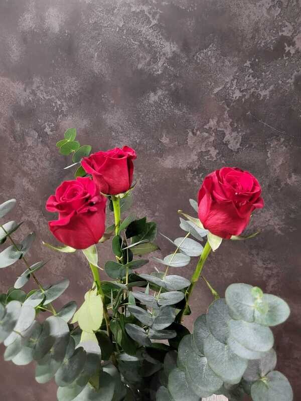 Ramo de 3 rosas rojas y paniculata 