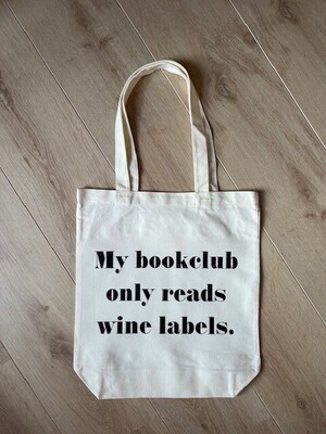 Canvas tas naturel "My bookclub only reads wine labels." Zwart glitter letters