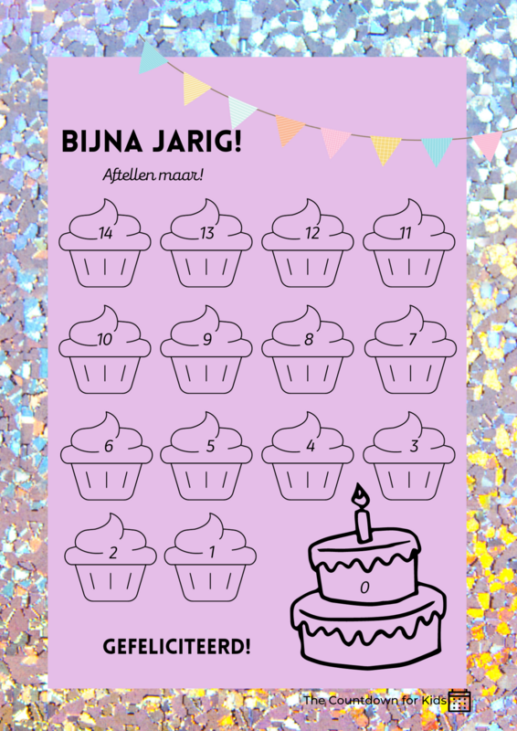 Verjaardag Aftelkalender (A4 formaat) met bijpassende stickers "Pastel-Glitter Cupcakes"