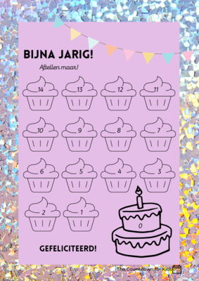Verjaardag Aftelkalender (A4 formaat) met bijpassende stickers "Pastel-Glitter Cupcakes"