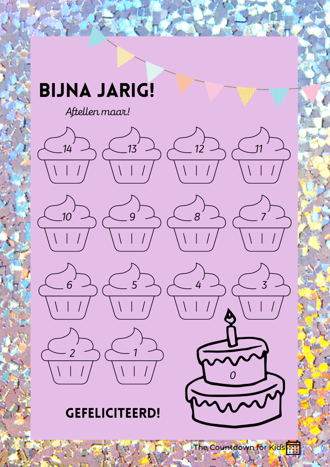 Verjaardag Aftelkalender (A4 formaat) met bijpassende stickers "Pastel-Glitter Cupcakes"
