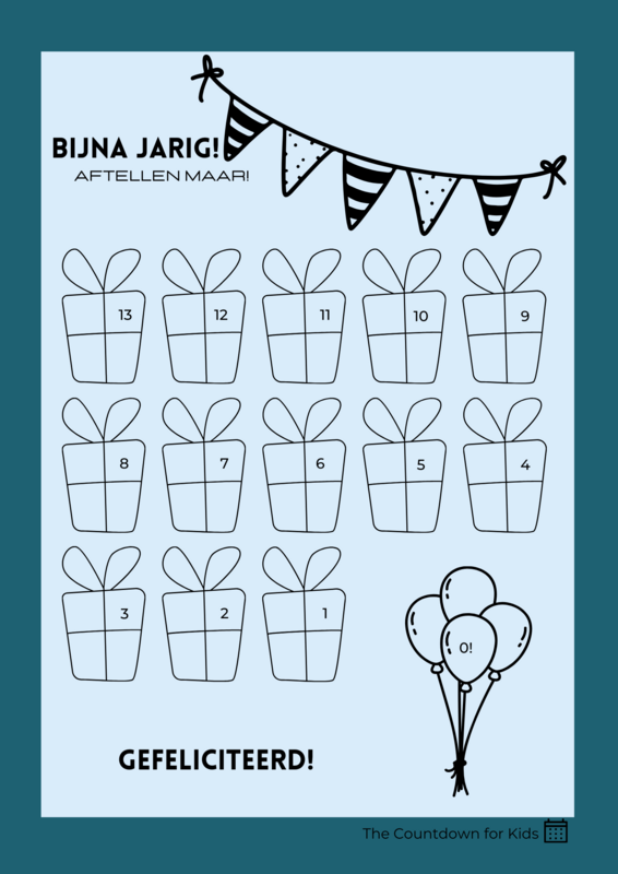 Verjaardag Aftelkalender (A4 formaat) met bijpassende stickers "Blue-ish Presents"