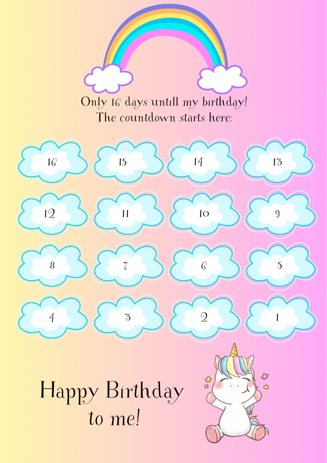 Verjaardag Aftelkalender (A4 formaat) met bijpassende stickers “Unicorns&Rainbows”