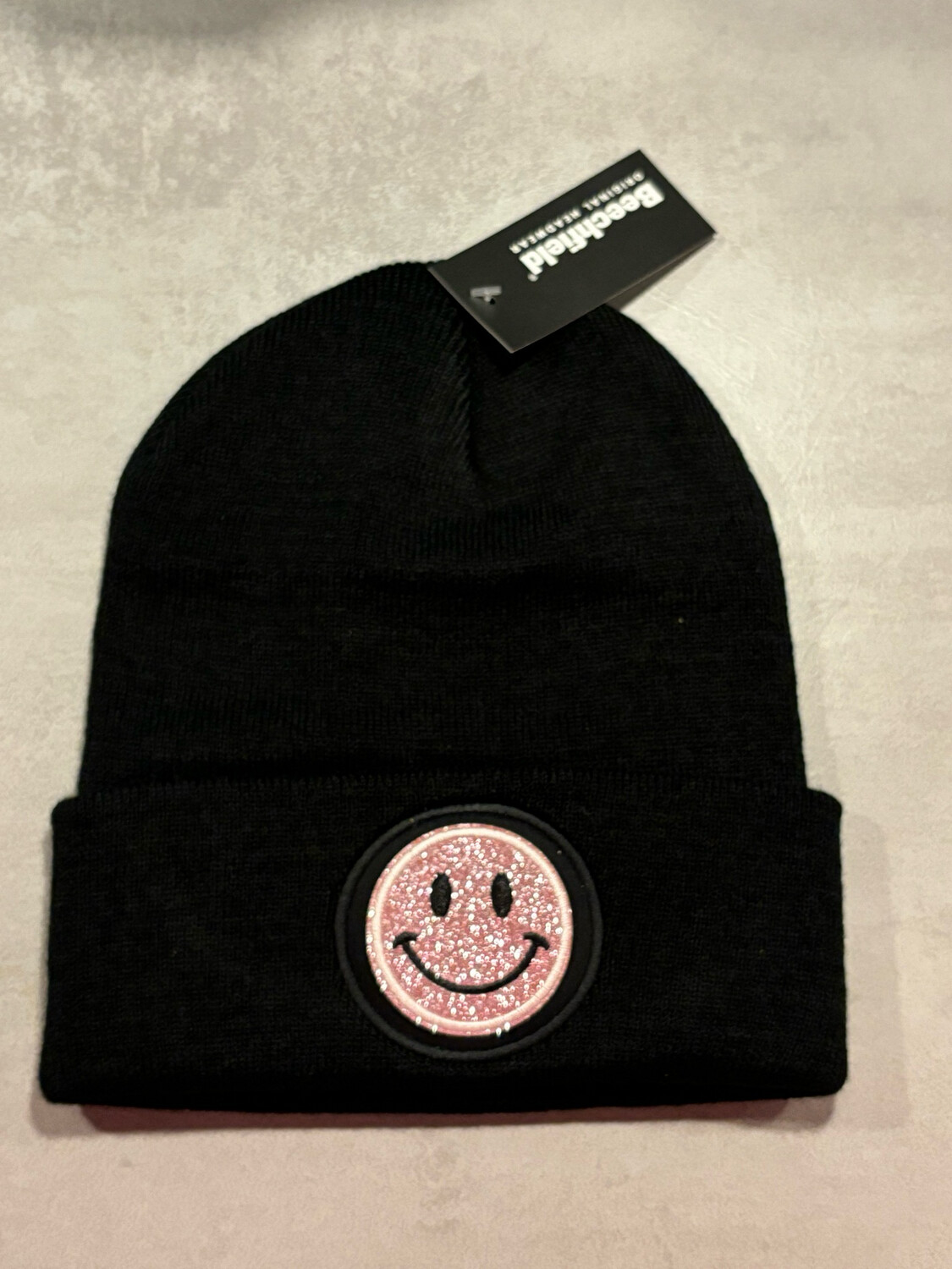 Muts/Beanie Zwart Smiley Glitter Roze