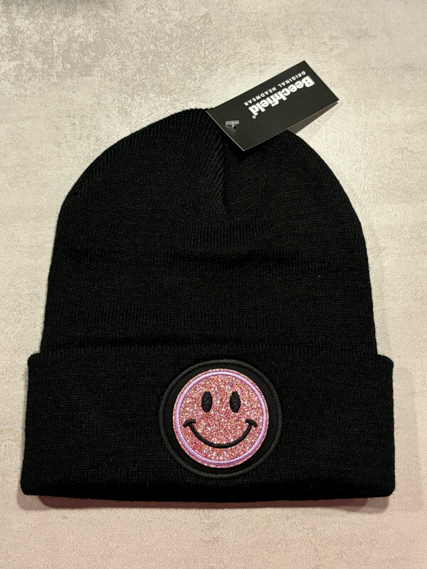 Muts/Beanie Zwart Smiley Glitter Lila