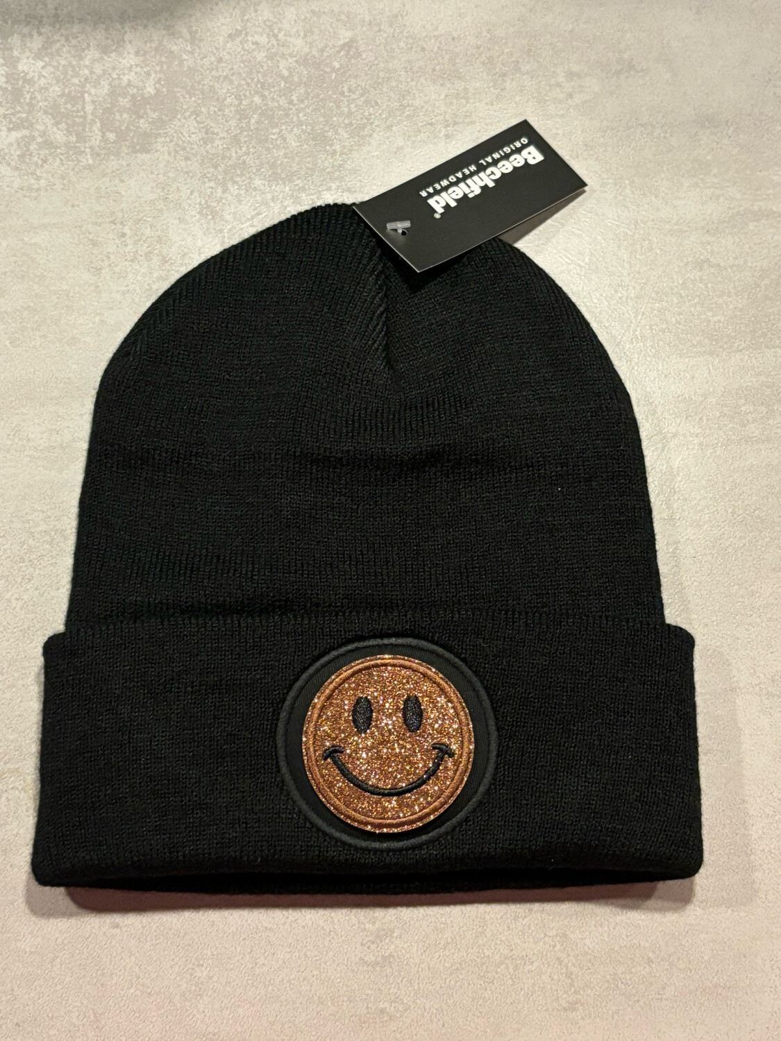 Muts/Beanie Zwart Smiley Glitter Bruin