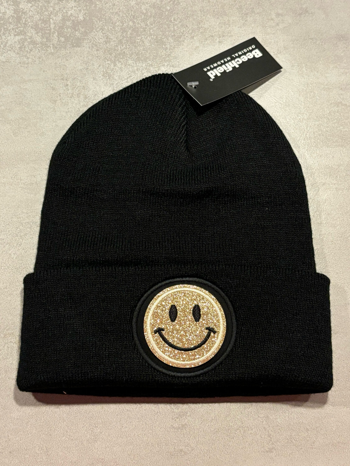 Muts/Beanie Zwart Smiley Glitter Champagne Goud