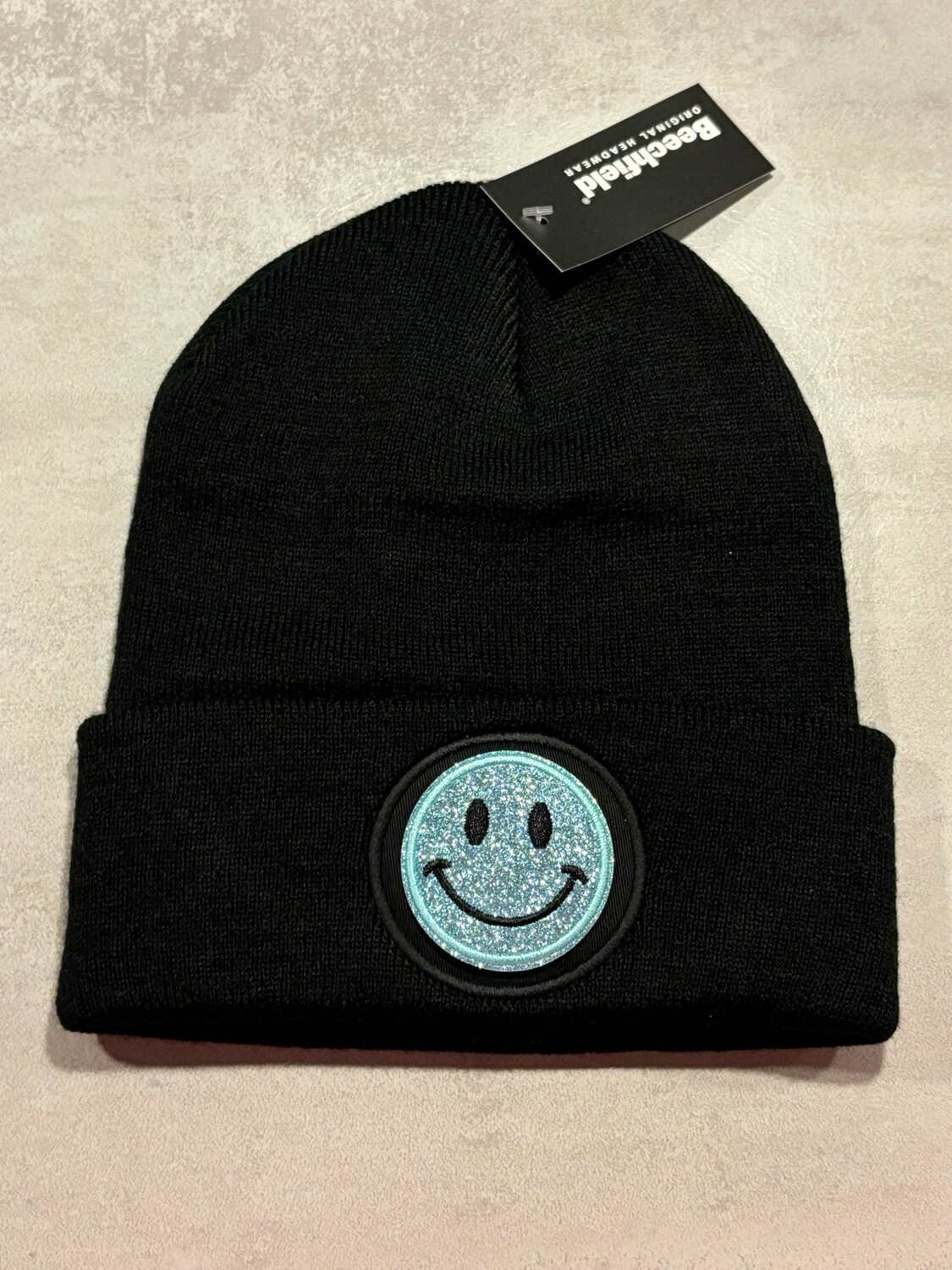 Muts/Beanie Zwart Smiley Glitter Lichtblauw