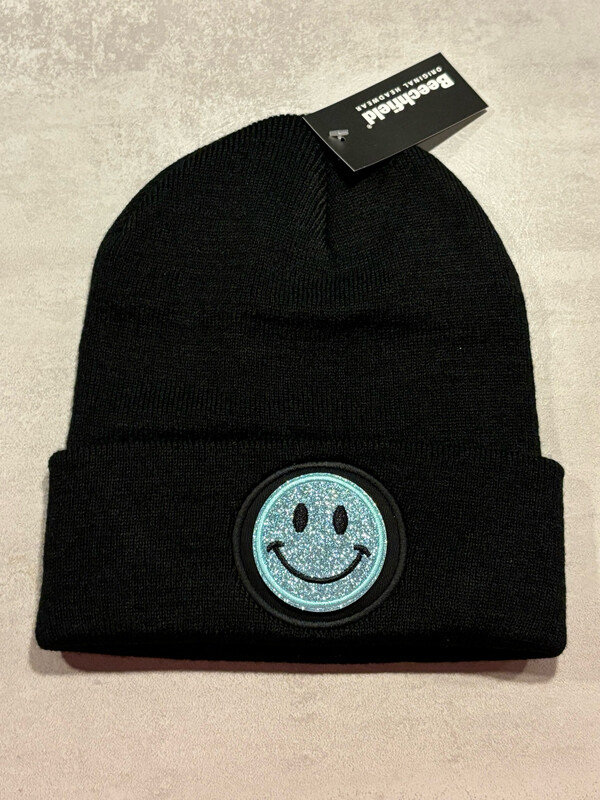 Muts/Beanie Zwart Smiley Glitter Lichtblauw