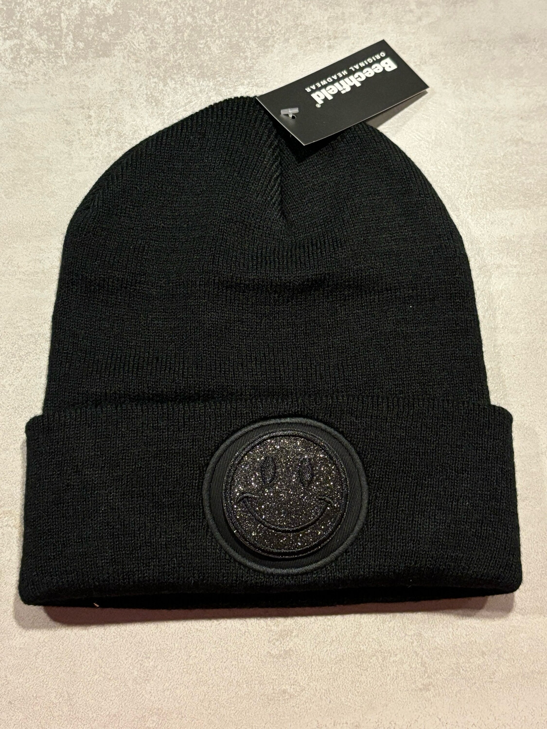 Muts/Beanie Zwart Smiley Glitter Zwart