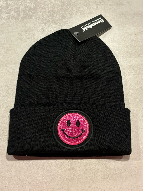 Muts/Beanie Zwart Smiley Glitter Koraalroze