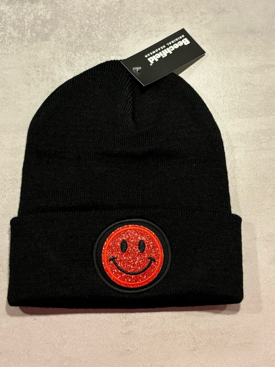 Muts/Beanie Zwart Smiley Glitter Rood