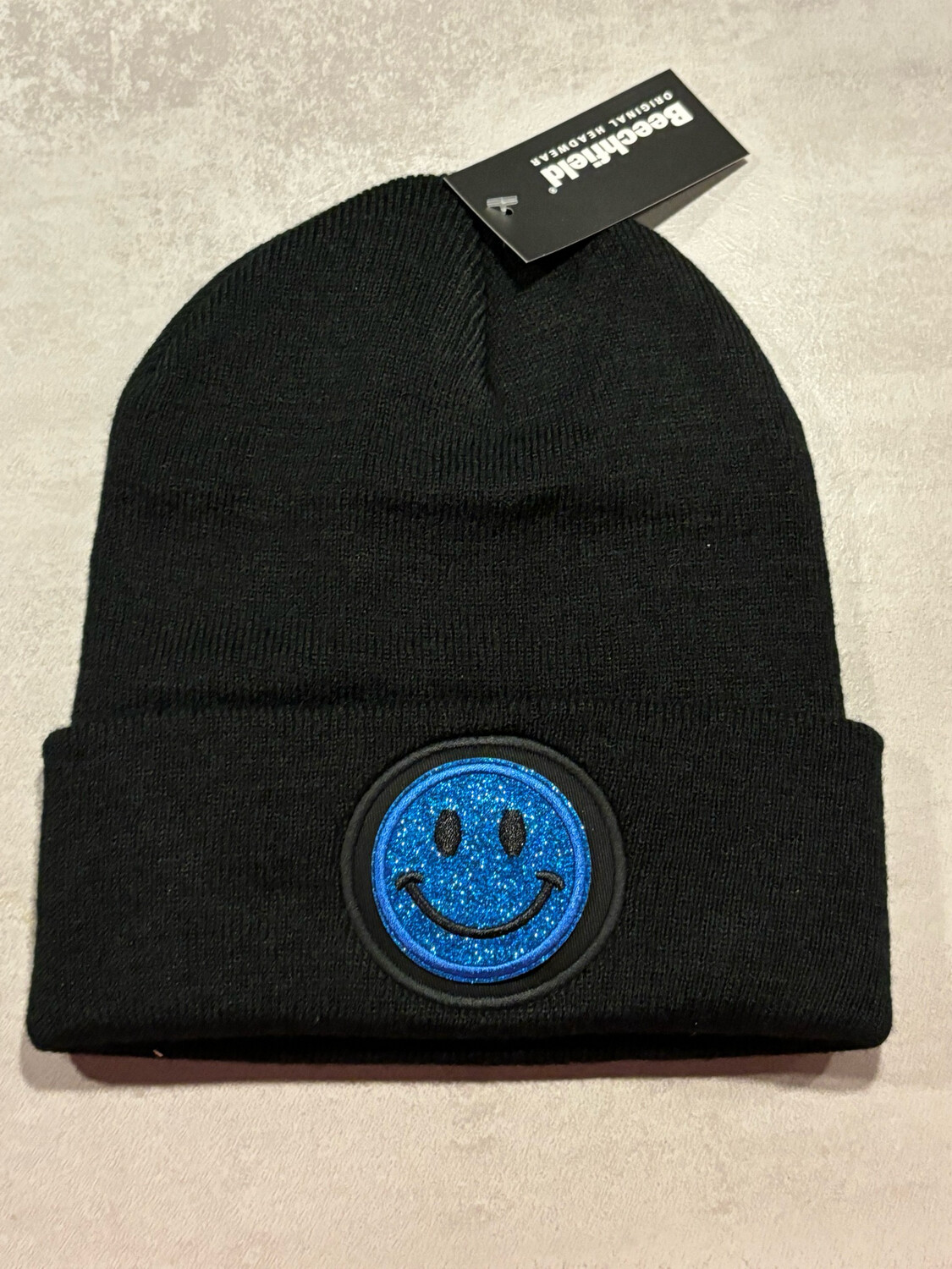 Muts/Beanie Zwart Smiley Glitter Blauw