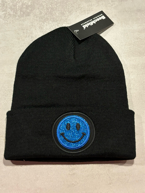 Muts/Beanie Zwart Smiley Glitter Blauw