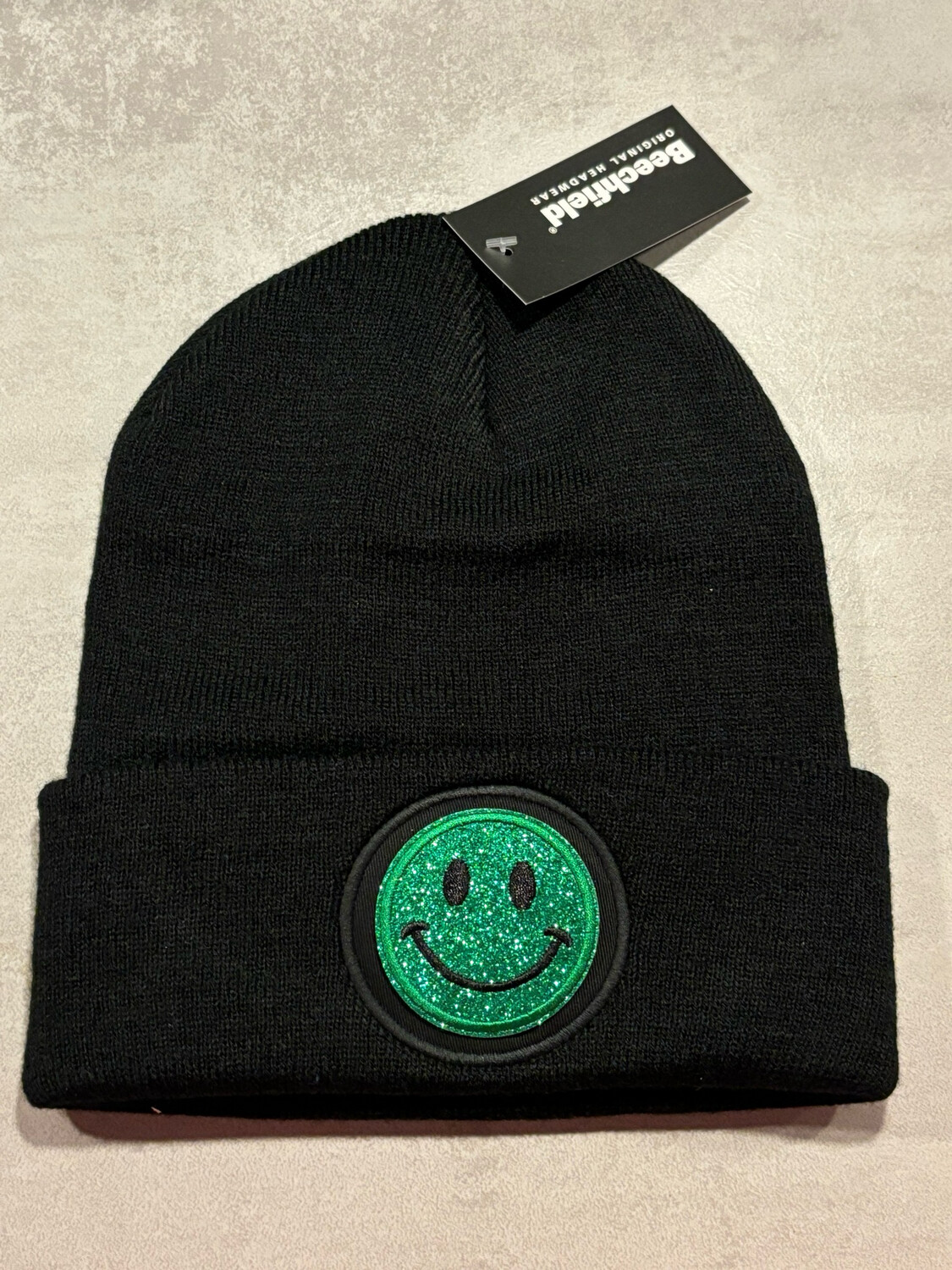 Muts/Beanie Zwart Smiley Glitter Groen