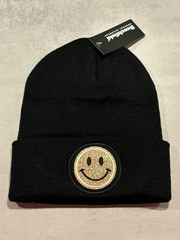 Muts/Beanie Zwart Smiley Glitter Champagne Goud