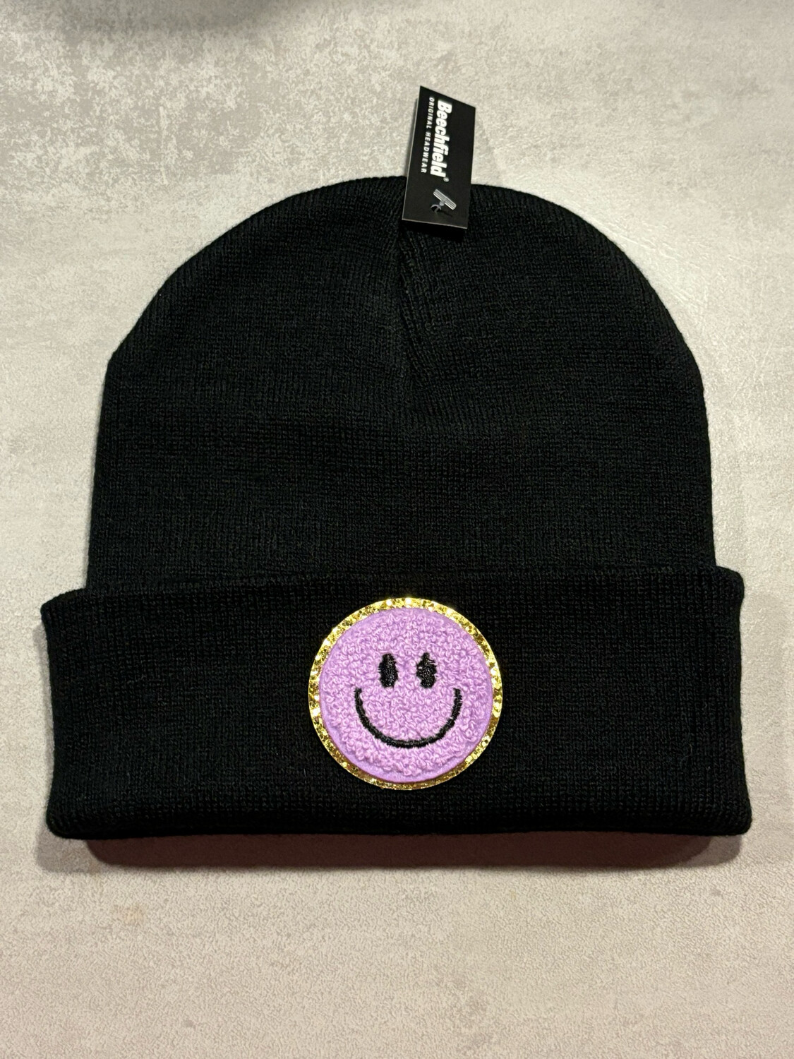 Muts/Beanie Zwart Smiley Badstof Lila