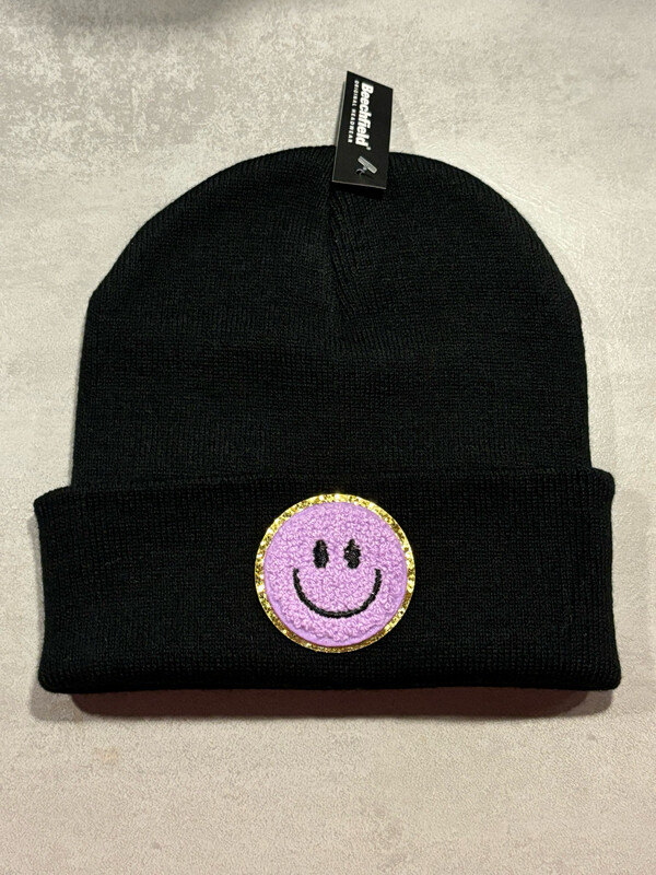 Muts/Beanie Zwart Smiley Badstof Lila