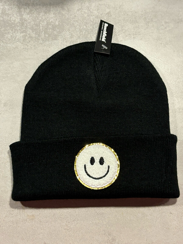 Muts/Beanie Zwart Smiley Badstof Wit