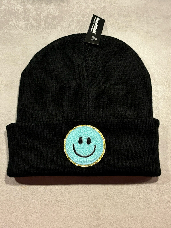 Muts/Beanie Zwart Smiley Badstof Lichtblauw