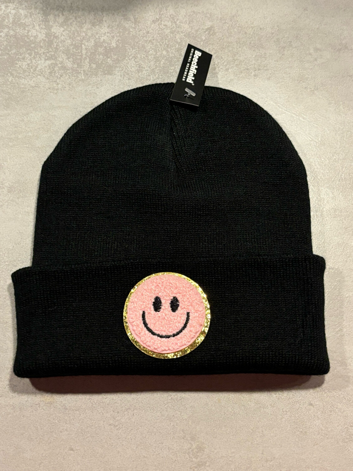 Muts/Beanie Zwart Smiley Badstof Roze