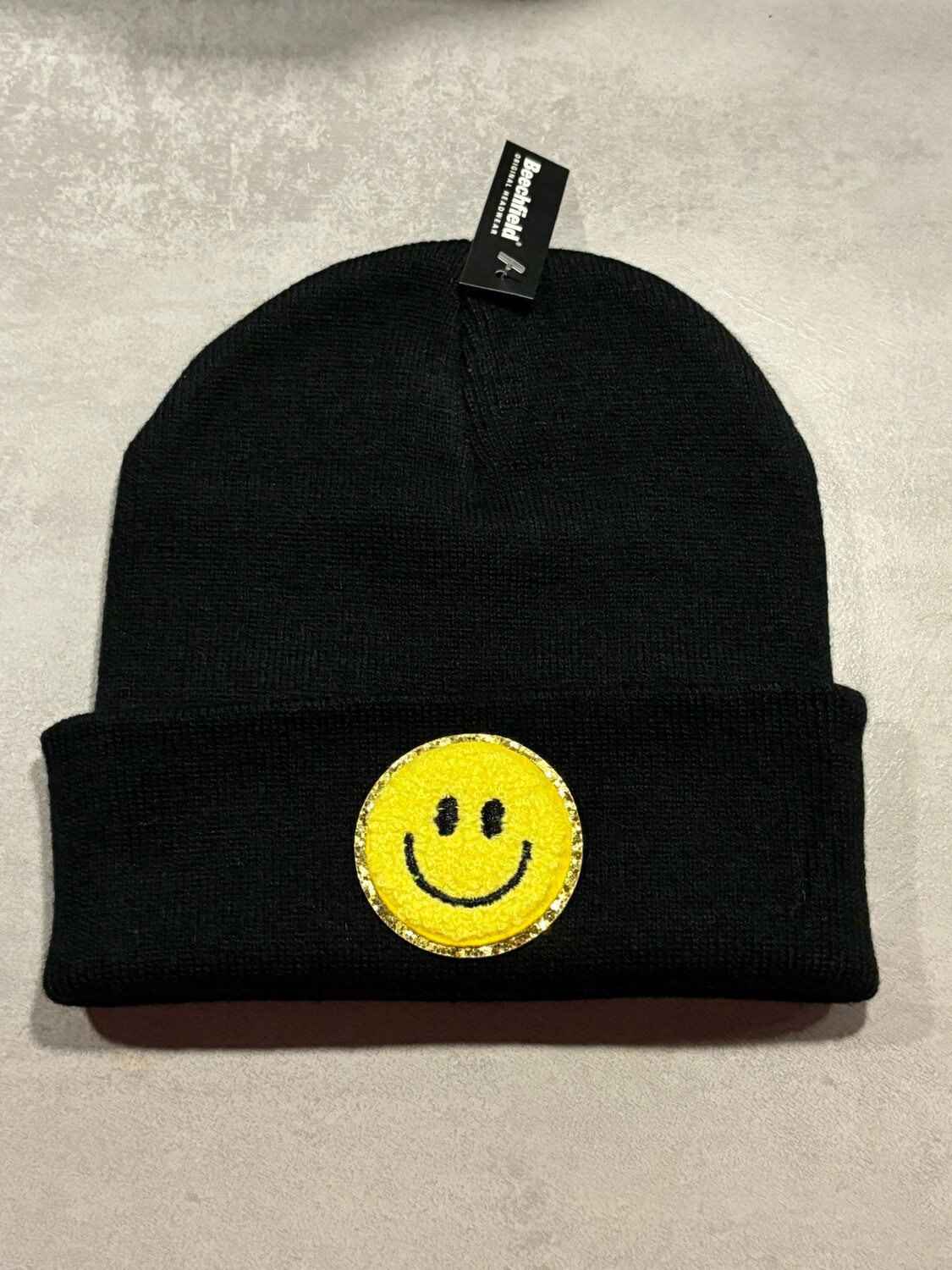 Muts/Beanie Zwart Smiley Badstof Geel