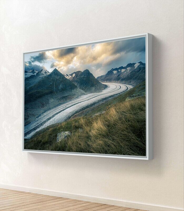 Mural Big Aletsch - aluminum dibond in a white shadow gap frame - 3D view