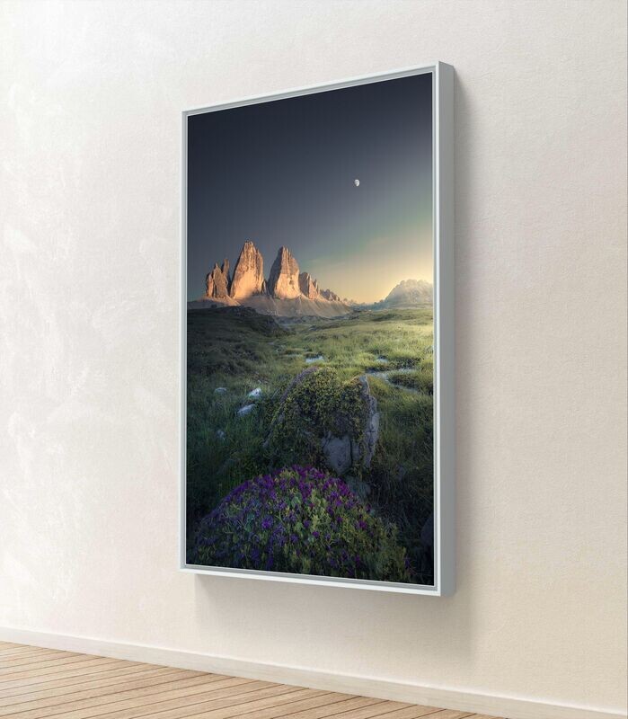 Wandbild Tre Cime - Alu-Dibond im weißen Schattenfugenrahmen - 3D-Ansicht